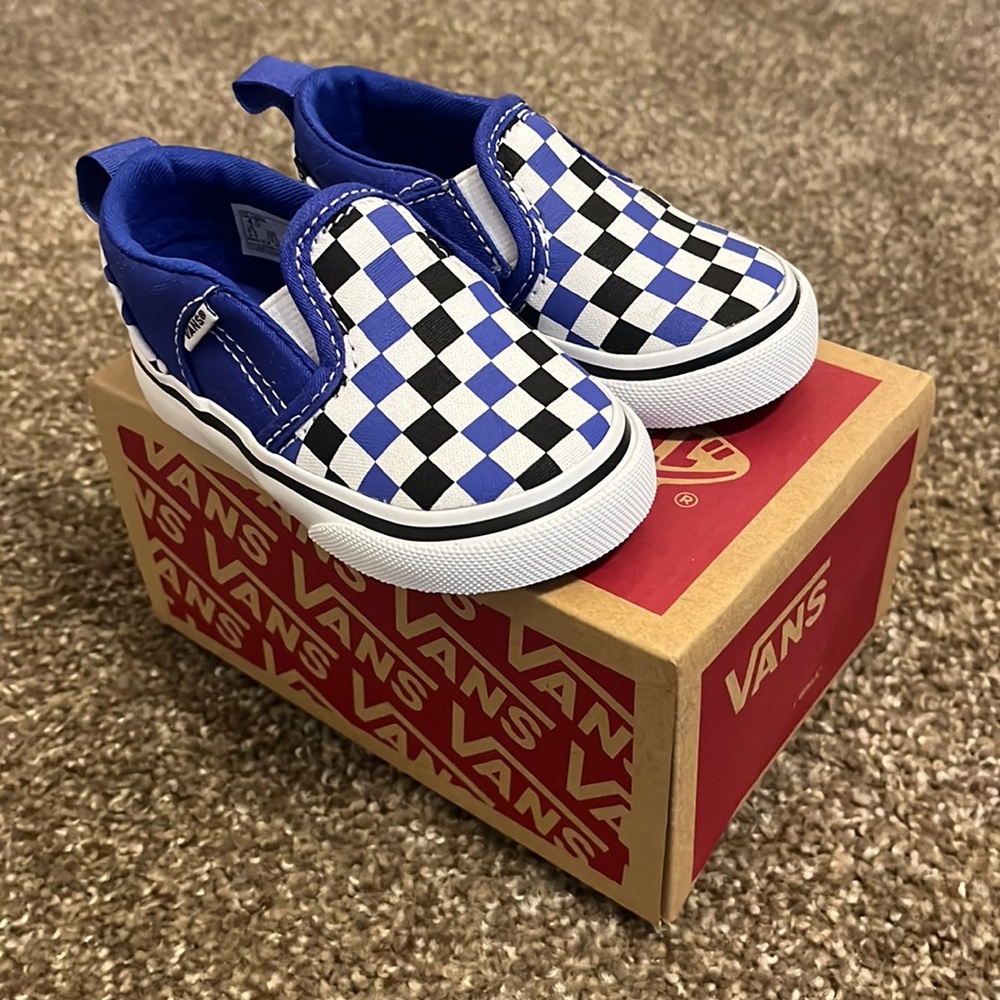 Vans Toddler Size 4 Checkerboard Blue w/Velcro Sides Shoes